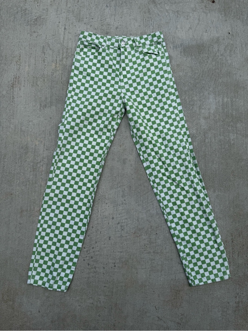 Bershka Green and White Checkerboard Straight Jeans